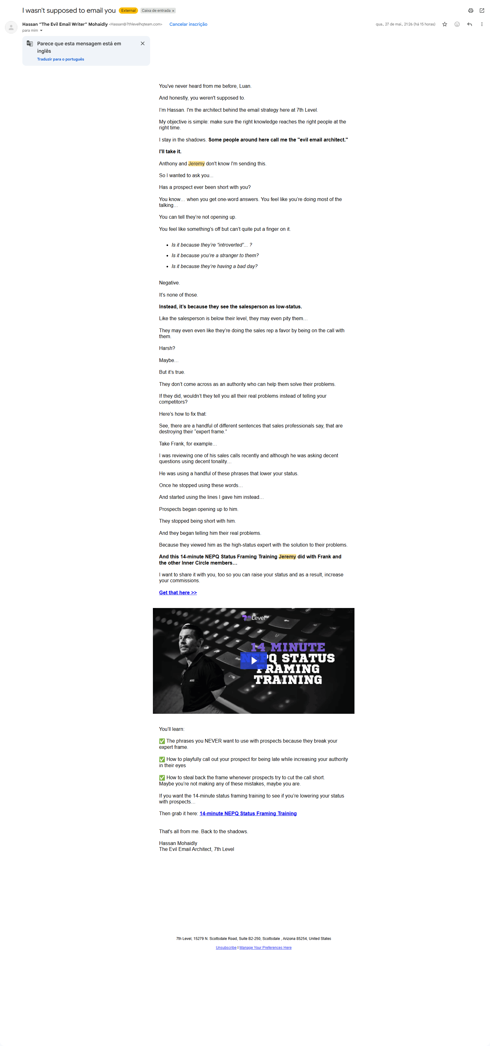 Print do email: "I wasn't supposed to email you" — Hassan ("Evil Email Writer") Mohaidly