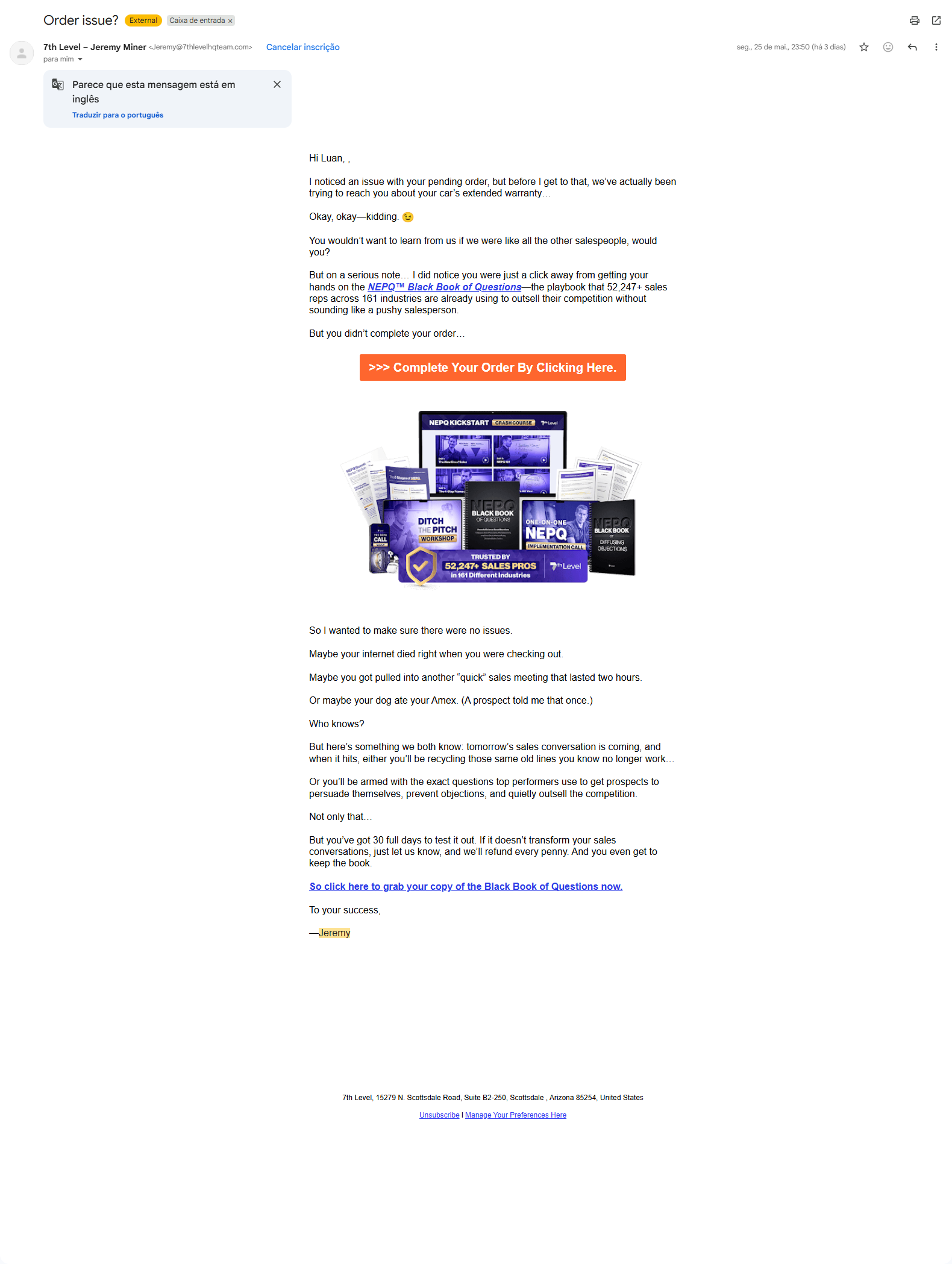 Print do email: "Order issue?" — joke do extended warranty + 30-day refund