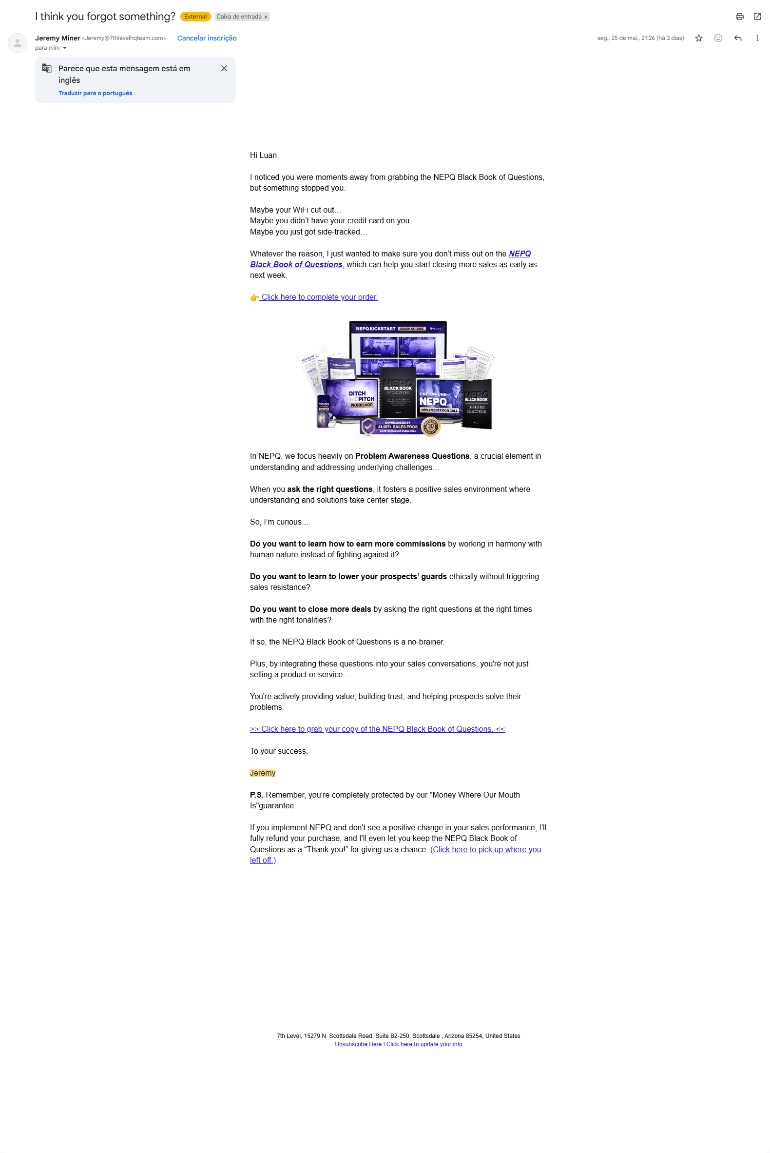 Print do email: "I think you forgot something?" — empatia + mini-aula de Problem Awareness Questions