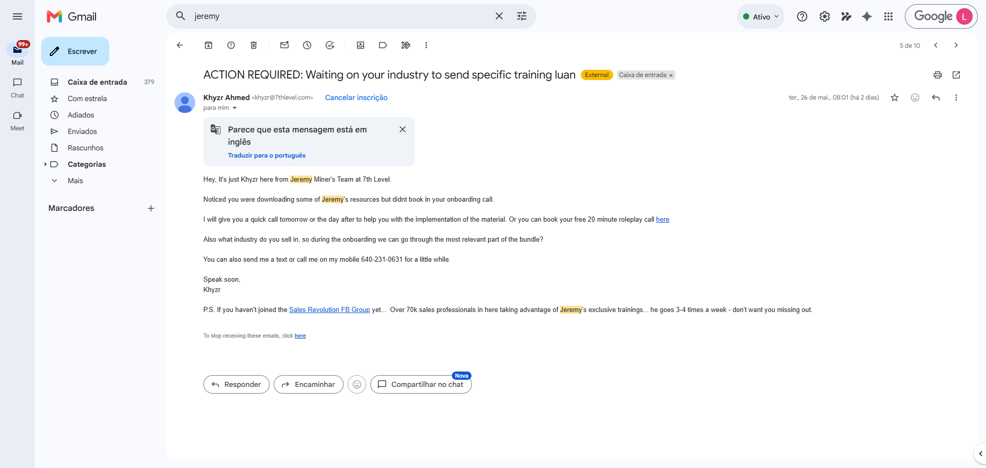 Print do email: "ACTION REQUIRED: Waiting on your industry to send specific training" — Khyzr Ahmed (time)