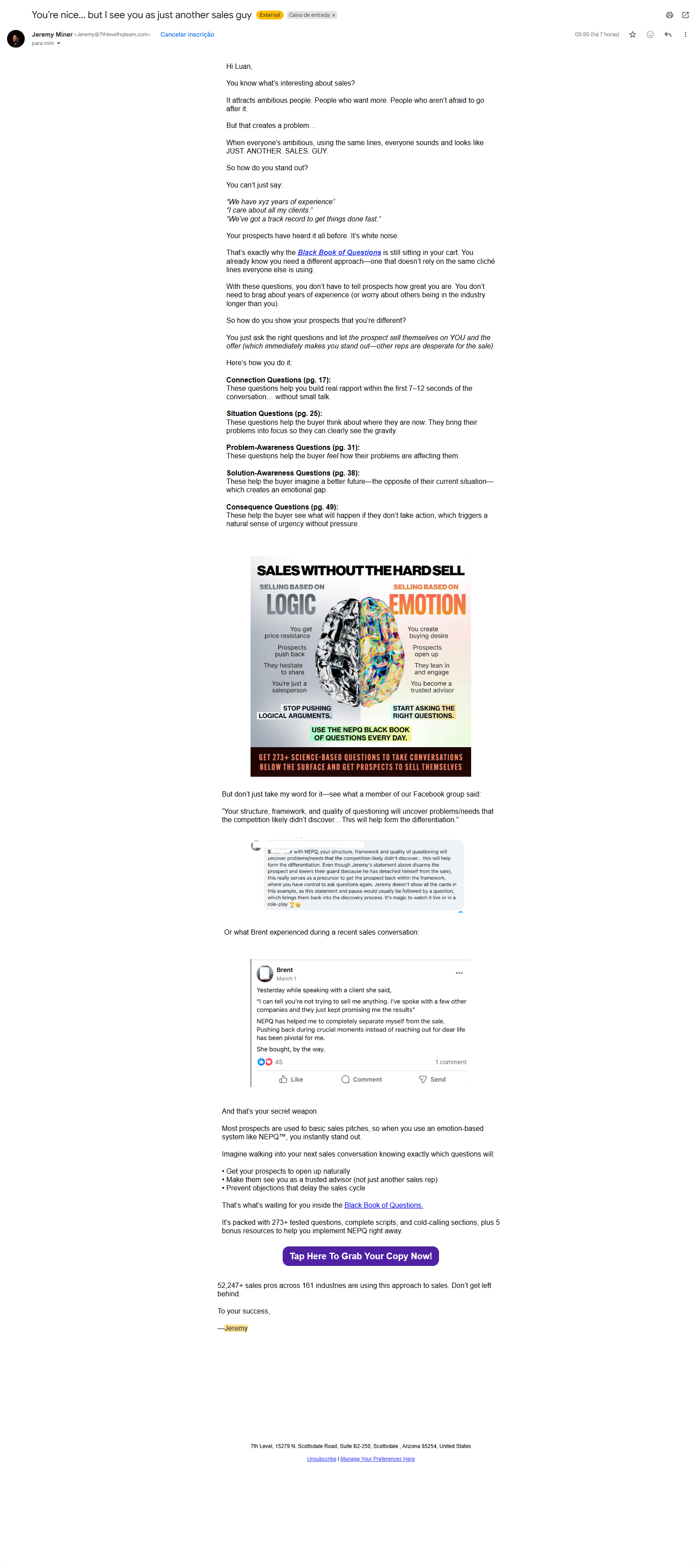 Print do email: "You're nice... but I see you as just another sales guy" — Logic vs Emotion + 5 question types